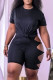 Black Sexy Solid Ripped Bandage O Neck Short Sleeve Two Pieces