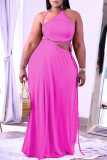 Pink Sexy Solid Frenulum Backless Asymmetrical Halter Straight Plus Size Dresses