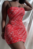Red Sexy Print Patchwork Spaghetti Strap Pencil Skirt Dresses
