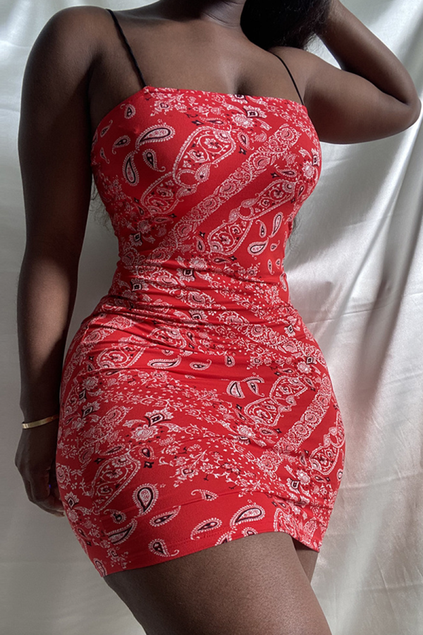 Red Sexy Print Patchwork Spaghetti Strap Pencil Skirt Dresses