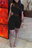 Light Blue Fashion Sexy Solid Hollowed Out See-through O Neck Short Sleeve Two Pieces