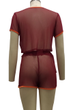 Burgundy Sexy Solid Split Joint O Neck Short Sleeve Two Pieces
