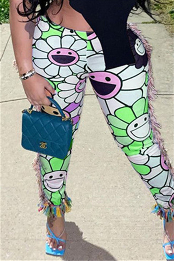 Green Fashion Casual Print Tassel Regular Mid Waist Pencil Patchwork Bottoms