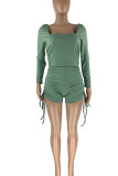 Pink Casual Solid Patchwork Draw String Fold U Neck Skinny Rompers
