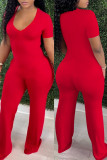Red Fashion Casual Solid Basic V Neck Regular Jumpsuits