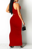 Red Sexy Solid Bandage Hollowed Out Patchwork Oblique Collar Pencil Skirt Dresses