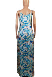 Blue Sexy Print Patchwork Spaghetti Strap Sling Dress Dresses