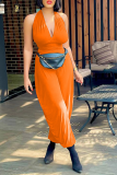 Tangerine Red Sexy Solid Split Joint V Neck Harlan Jumpsuits