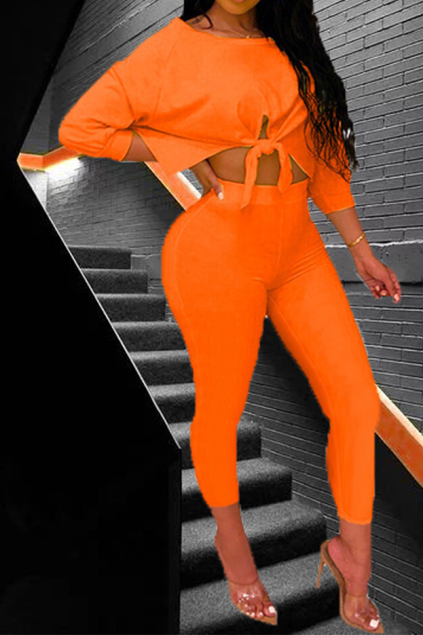 Tangerine Red Casual Solid Patchwork O Neck Long Sleeve Two Pieces