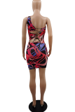 Colour Sexy Print Patchwork One Shoulder Pencil Skirt Dresses