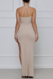 White Sexy Solid Hollowed Out Patchwork High Opening Halter Straight Dresses