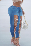 Deep Blue Street Solid Hollowed Out Patchwork Frenulum High Waist Skinny Denim Jeans