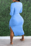 Sky Blue Fashion Casual Solid Slit O Neck Long Sleeve Dresses