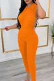 Orange Sexy Casual Solid Hollowed Out Turndown Collar Skinny Jumpsuits