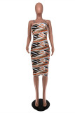 Khaki Fashion Sexy Print Backless Spaghetti Strap Sleeveless Dress
