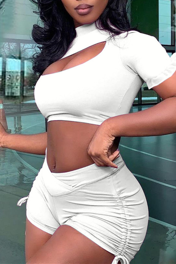 White Fashion Casual Solid Bandage Hollowed Out Turtleneck Short Sleeve Two Pieces
