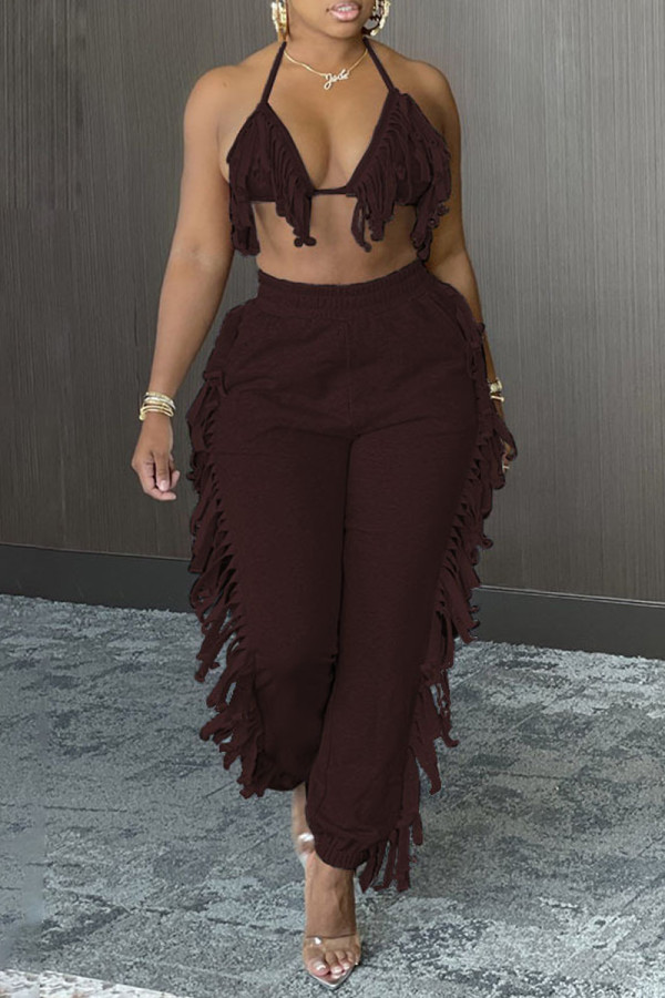 Coffee Fashion Sexy Solid Tassel Backless Halter Sleeveless Two Pieces