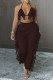 Coffee Fashion Sexy Solid Tassel Backless Halter Sleeveless Two Pieces