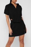 Black Casual Solid Patchwork Asymmetrical Turndown Collar Short Sleeve Two Pieces