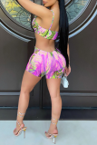 Rose Red Sexy Print Hollowed Out Spaghetti Strap Skinny Rompers