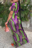 Purple Sexy Print Hollowed Out Patchwork Frenulum Halter Straight Dresses