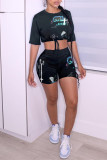 Black Fashion Casual Print Bandage O Neck Half Sleeve Two Pieces