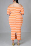 Orange Fashion Casual Striped Print Backless Off the Shoulder Short Sleeve Dress Plus Size Dresses