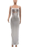 Pink Sexy Solid Hollowed Out Patchwork Frenulum High Opening Square Collar Pencil Skirt Dresses