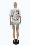 White Fashion Casual Print Basic O Neck Short Sleeve Two Pieces