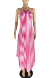 Pink Sexy Striped Print Patchwork Frenulum Backless Halter A Line Dresses