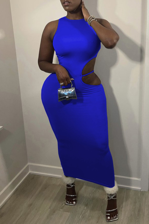 Blue Sexy Casual Solid Hollowed Out O Neck Sleeveless Dress