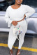 White Casual Solid Patchwork Frenulum O Neck Long Sleeve Two Pieces