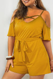 Yellow Casual Solid Patchwork Backless Spaghetti Strap Plus Size Jumpsuits