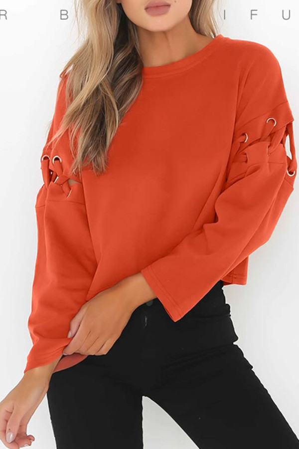 Orange Casual Solid Bandage Hollowed Out Patchwork O Neck T-Shirts