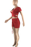 Red Casual Solid Ripped Hollowed Out Patchwork V Neck Short Sleeve Two Pieces