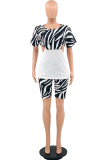 White Casual Animal Print Patchwork O Neck Short Sleeve Two Pieces