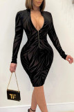 Black Sexy Print Patchwork Zipper Collar Pencil Skirt Dresses