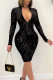 Black Sexy Print Patchwork Zipper Collar Pencil Skirt Dresses