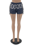Blue Casual Print Tassel Patchwork Straight Mid Waist Straight Full Print Bottoms