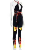 Black Sexy Print Hollowed Out Halter Skinny Jumpsuits