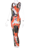 Red Sexy Print Patchwork O Neck Pencil Skirt Dresses