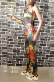 Red Sexy Print Patchwork One Shoulder Long Sleeve Two Pieces