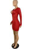 Red Fashion Sexy Solid Hollowed Out See-through V Neck Long Sleeve Dresses