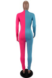 Rose Red Blue Fashion Casual Solid Patchwork Zipper Collar Regular Jumpsuits