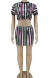 Blue Casual Striped Print Patchwork O Neck Short Sleeve Two Pieces