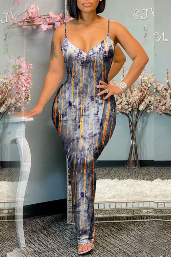 Dark Gray Fashion Sexy Print Backless Spaghetti Strap Long Dress