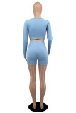 Light Blue Fashion Casual Basic O Neck Long Sleeve Two Pieces