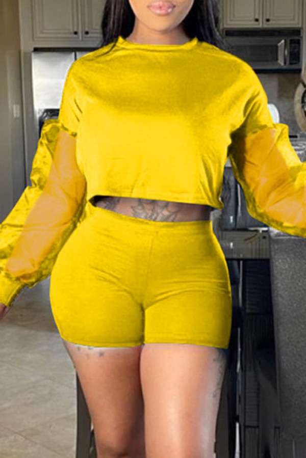Yellow Fashion Casual Solid Patchwork O Neck Long Sleeve Two Pieces