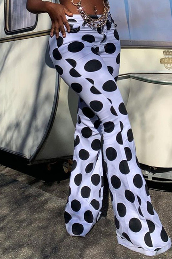 White Fashion Casual Dot Print Basic Regular High Waist Trousers
