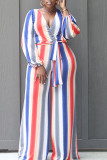 Red Blue Casual Striped Print Bandage Patchwork V Neck Straight Jumpsuits
